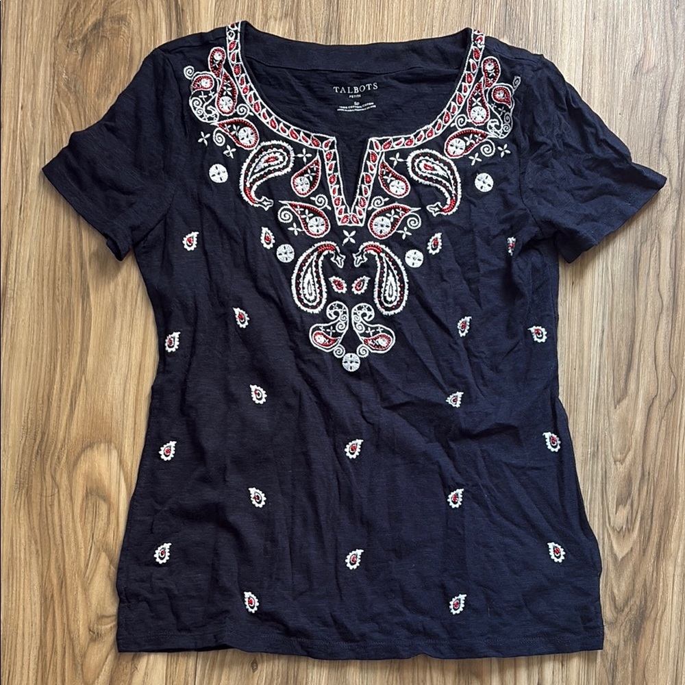 Talbots Embellished Blue Blouse with White Detailing